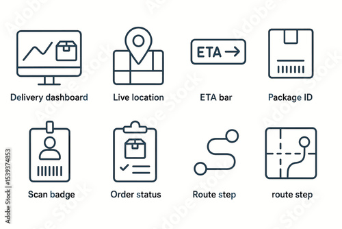 Delivery and logistics icons set: dashboard, location, package, scan, status, route