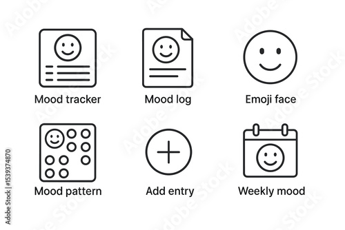 Mood tracker icons: log, emoji, pattern, entry, weekly calendar symbols