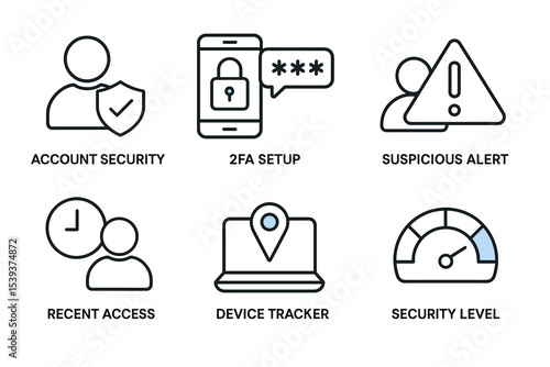Cybersecurity icons: account security, 2fa, alert, tracking, access, security level