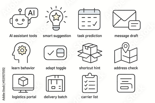Ai tools: smart suggestions and efficient task management icons set