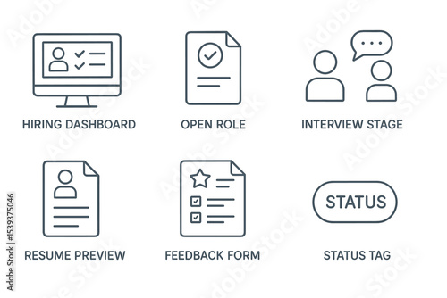 Hiring dashboard icons: interview stage, open role, resume preview, feedback form, status tag