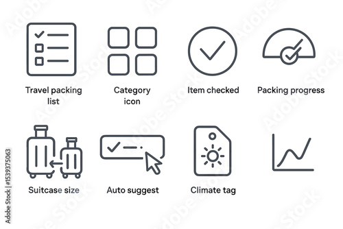 Travel icons: packing list, progress, suitcases, category, climate tag