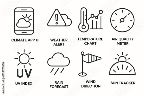 Weather icons set featuring climate app ui, temperature chart, air quality meter, and more