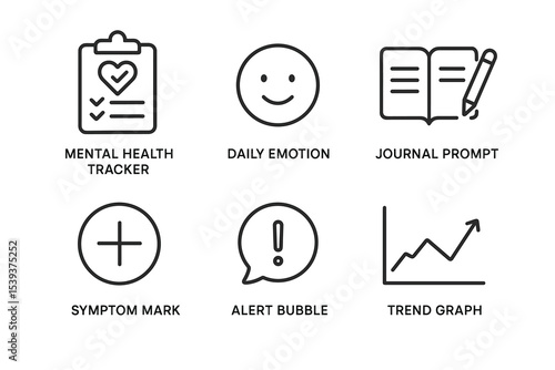 Mental health icons set: emotion tracker, journal, symptom mark, alert bubble, trend graph
