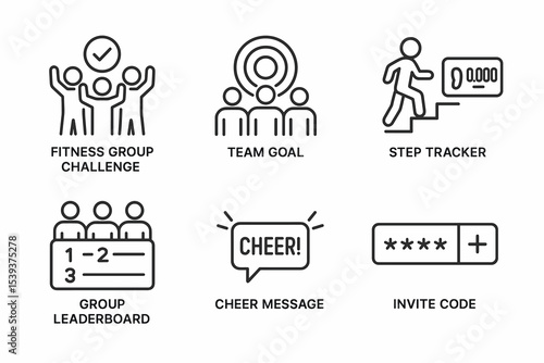 Fitness icons: group challenge, team goal, step tracker, leaderboard, cheer message, invite code