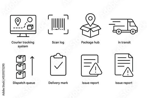 Courier tracking system icons: delivery, package, transit, scan, issue report