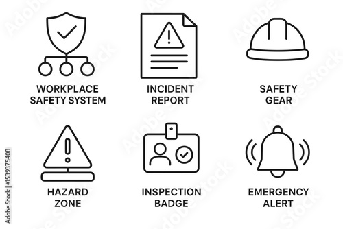 Workplace safety icons: incident report, safety gear, emergency alert