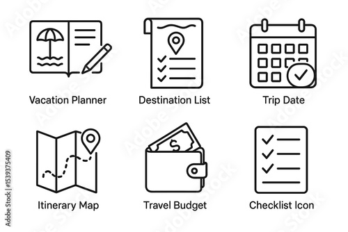 Vacation planning icons: planner, destination list, trip date, itinerary map, travel budget, checklist