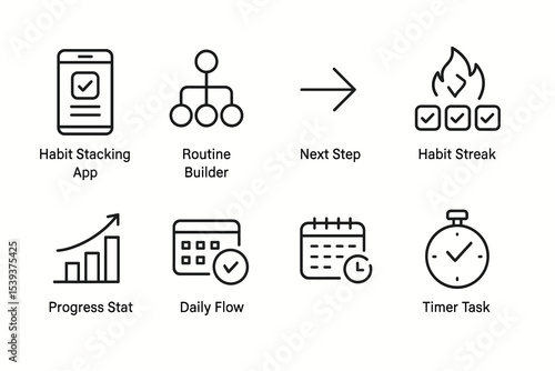 Icons for habit tracking app: routine, progress, streaks, daily flow, timing