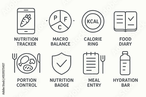 Health and fitness icons: nutrition tracker, macro balance, calorie ring, food diary