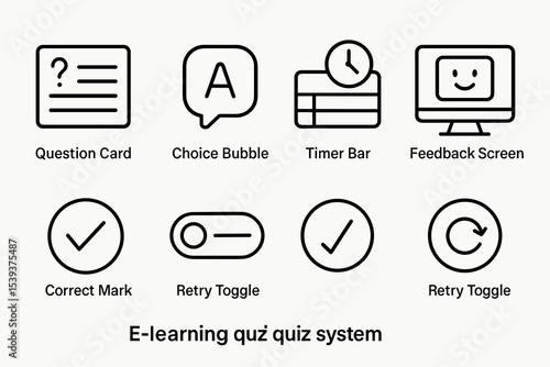 E-learning quiz system icons: tools for interactive online education interfaces