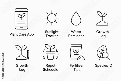 Plant care app icons: sunlight tracker, water reminder, growth log, repot schedule, fertilizer tips, species id
