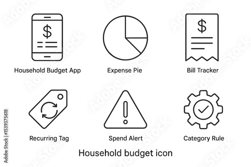 Household budget icon set: app, pie chart, bill tracker, recurring tag, spend alert, category rule