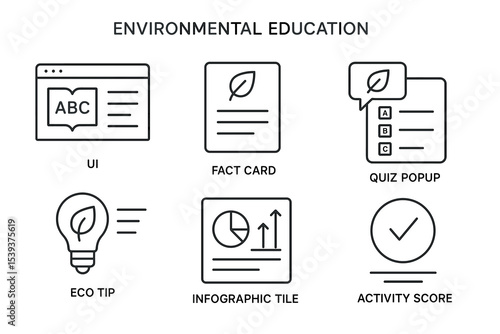 Ui elements for environmental education: fact card, quiz popup, eco tip, infographic, activity score