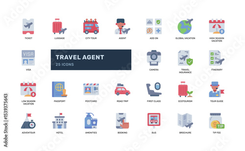 Travel Agent Flat Icon Set with Tourism and Booking Services