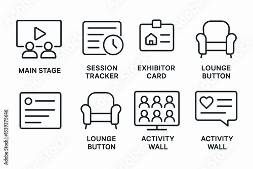 Event interface icons: main stage, session tracker, exhibitor card, lounge, activity wall
