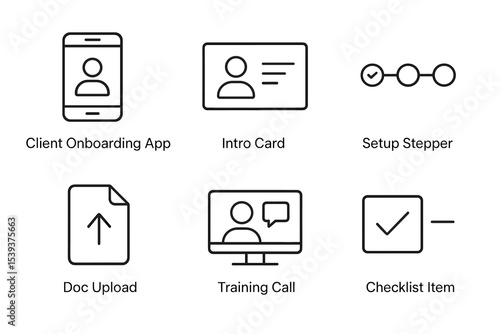 Client onboarding icons: app, card, stepper, upload, training, checklist