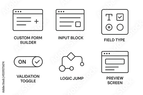 Web interface design icons set: form builder, input block, field type, toggle, logic jump, preview