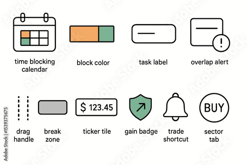 Productivity icons set featuring calendar, color blocks, and alerts for task management