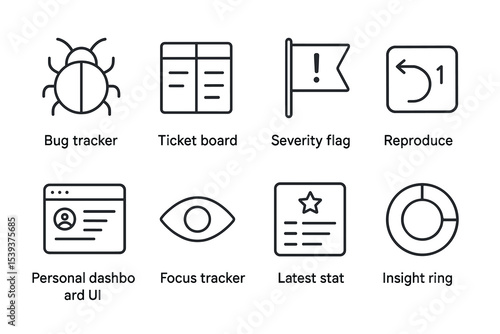 Bug tracker icons: severity, reproduce, dashboard, insights