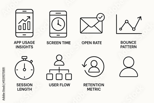 App usage insights and metrics icons: screen time, open rate, bounce pattern, session length