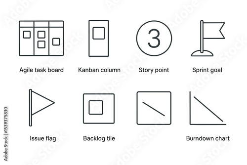Agile icons set featuring task board, kanban column, story point, sprint goal, backlog tile, and burndown chart