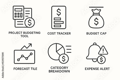 Financial management icons set - budgeting, cost, forecast, category breakdown, expense alert