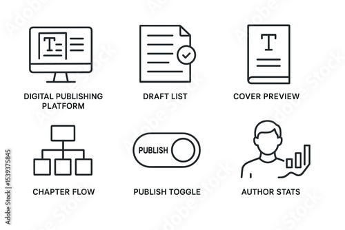 Digital publishing icons: platform, drafts, cover, flow, toggle, stats