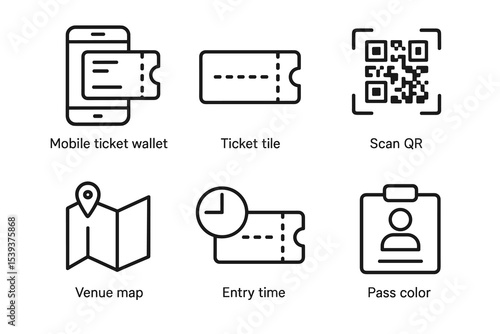 Mobile ticket wallet icons: qr, venue map, entry time, pass color