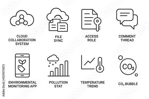 Technology icons: cloud collaboration, file sync, access role, comment thread