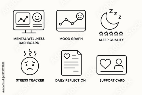 Mental wellness dashboard with mood graphs and sleep quality icons
