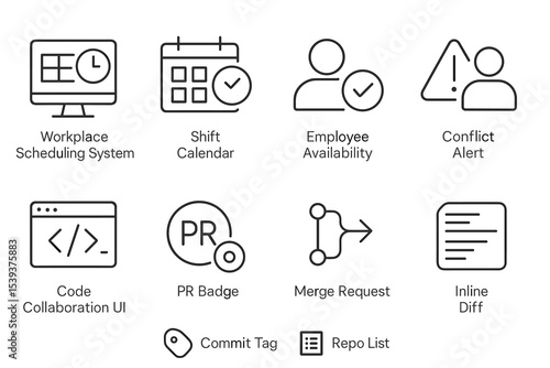 Workplace scheduling icons: shift calendar, employee availability, code collaboration ui