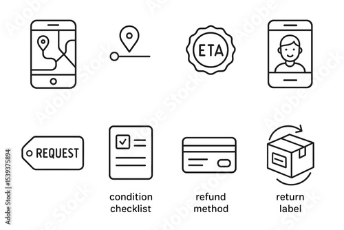 Mobile app icons: eta, request, condition, refund, return label, tracking, delivery