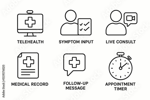 Healthcare technology icons: telehealth, symptom input, live consult, medical record, follow-up message, appointment timer