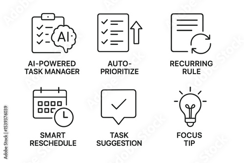 Ai task manager icons: auto-prioritize, recurring rule, smart reschedule, task suggestion, focus tip