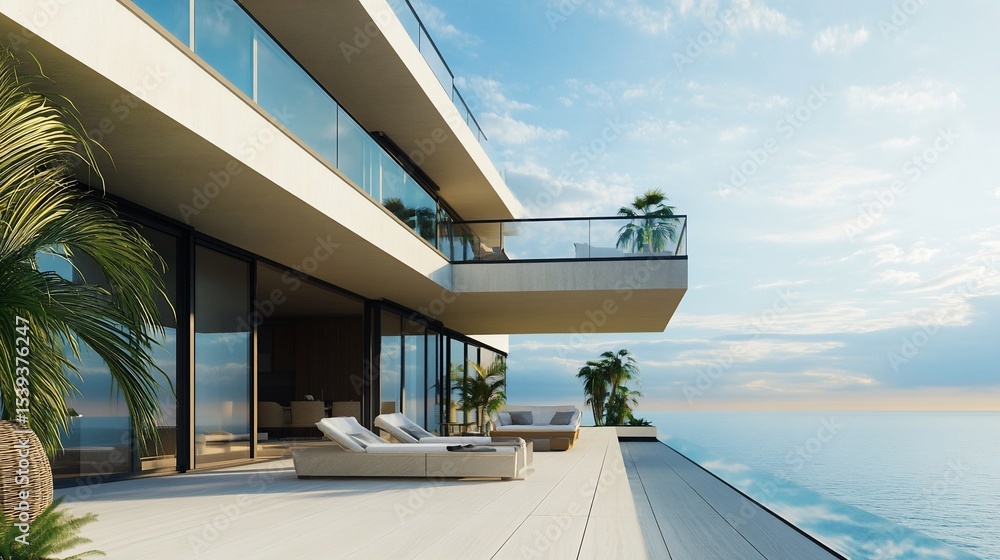 Fototapeta premium Elevated Coastal Retreat: Modern Villa Overlooking the Ocean with Tropical Vibes