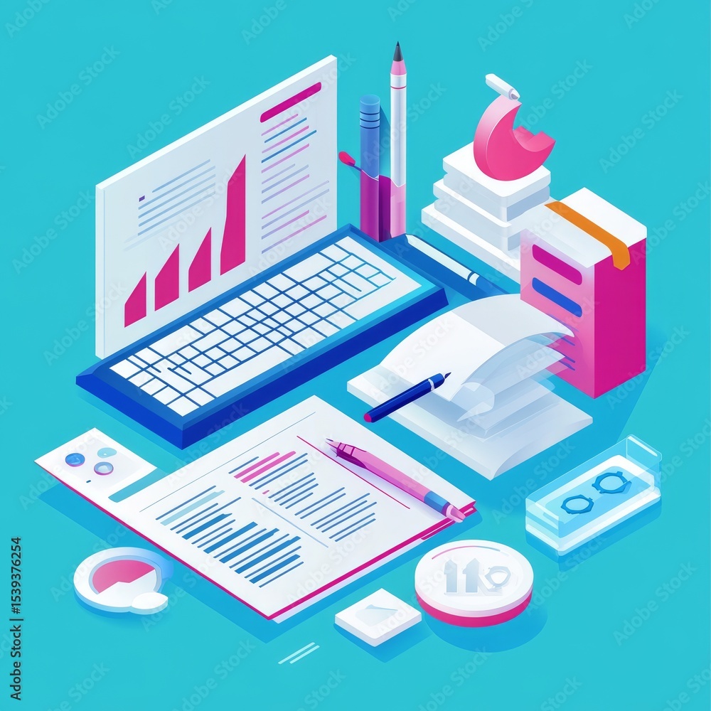 Isometric workspace with laptop, books, and office supplies showcasing data analysis and writing tools. Isometric workspace with laptop, books, and office supplies showcasing data analysis and writing tools.
