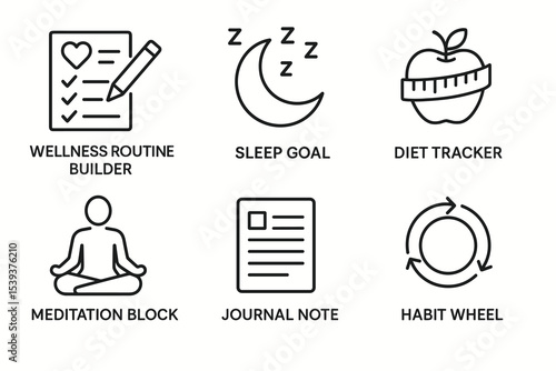 Healthy lifestyle icons: wellness routine, sleep goal, diet tracker, meditation, journal, habit wheel