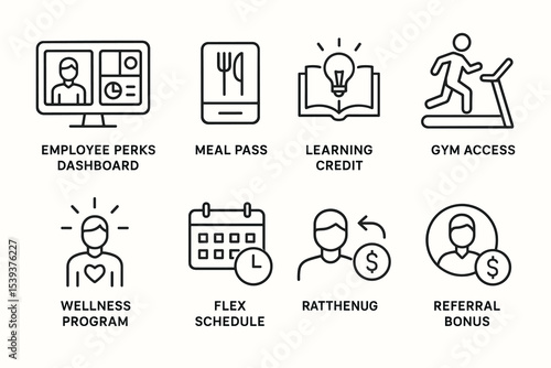 Icons for employee benefits: wellness, learning, fitness, flexibility, rewards