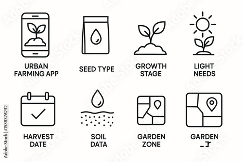 Urban farming app icons: seed type, growth stage, light needs, harvest, and garden data