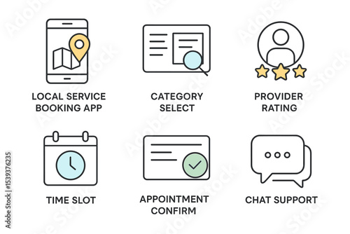 Local service app icons: booking, category, rating, time slot, confirmation, chat support