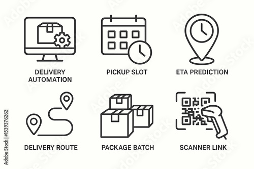 Logistics icons for delivery automation, pickup slot, eta prediction, and more
