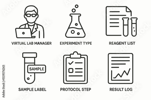 Scientific laboratory icons: virtual lab, experiment, reagent, sample, protocol, results