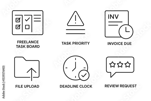 Business workflow icons set: task board, priority alert, invoice due, file upload, deadline clock, review request