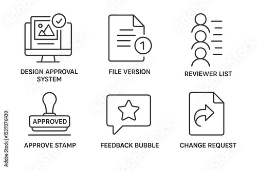 Design approval icons set featuring computer, file, reviewer list, stamp, feedback, change request
