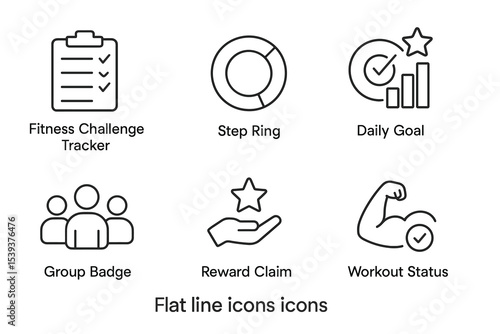 Set of six black line icons representing fitness challenge, step tracking, goal setting, badges, rewards, and workout status