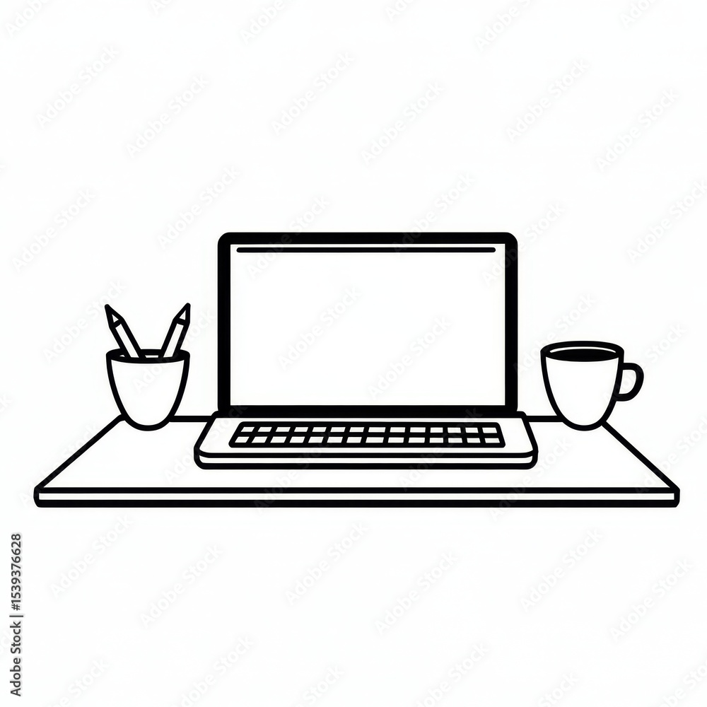 Fototapeta premium Minimalist workspace setup with a laptop, cup, and pencil holder on a desk