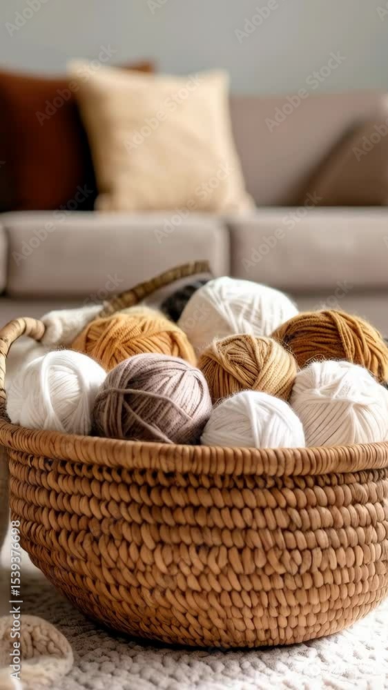 Close-up of assorted yarn balls in wicker basket with sofa in the background evokes cozy crafting and handmade projects. Close-up of assorted yarn balls in wicker basket with sofa in the background evokes cozy crafting and handmade projects.