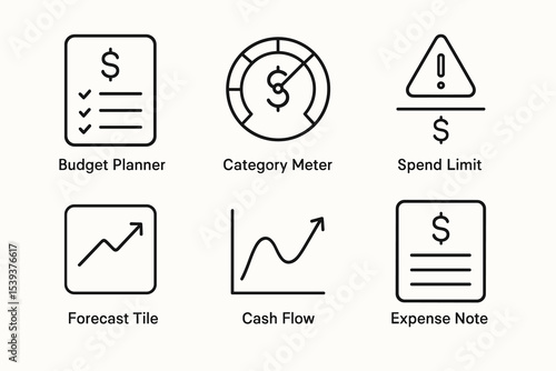 Budget planner icons: category meter, spend limit, forecast, cash flow, expense note