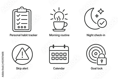 Personal habit tracker: morning routine, night check-in, skip alert, calendar, goal lock icons